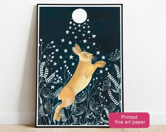 Hare and stars wall art, Night sky painting, Winter illustration, Forest animal poster, Starry sky art print, Woodland animals nursery decor