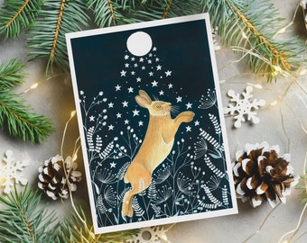 Christmas Cards Pack of 10, Set greeting card, Hare cards, Night sky painting, Fox illustration, Holiday card, Moon and stars artwork