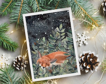 Kerstkaartenpakket, 5 wenskaarten bosdieren, Kerkuil kunstprint, Fox illustratie, Kerstkaartenset A6, Geïllustreerde kaarten