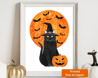 May include: A black cat wearing a witch's hat sits in front of an orange moon with bats flying around it. The cat is holding a small orange jack-o'-lantern. Printed on fine art paper.