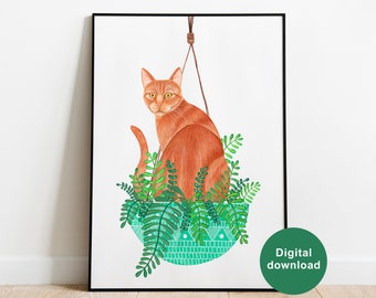 Impression d'art chat roux imprimable avec plantes, affiche téléchargeable chat tigré orange, téléchargement numérique chat, peinture chaton, impression chat bohème