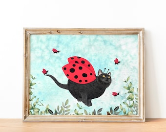 Black Cat Ladybug Art Print: Whimsical Kitten Illustration