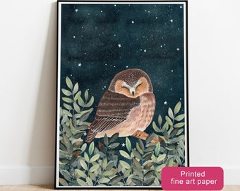 Owl sleeping artwork, Night sky painting, Forest animals illustration, Woodland art print nursery decor, Owl poster, Nocturnal wall art