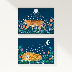 Nacht Tiger Druck, Tiger Wand-Kunst-Set 2, Mond Sterne Poster, Dschungel Illustration, Tier Kunstwerk, Safari Tiere, Kinderzimmer Dekor, zwei Drucke