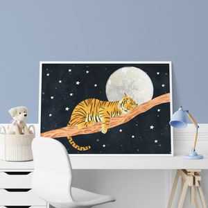 May include: A watercolor illustration of a tiger sleeping on a branch under a full moon with a starry night sky background.