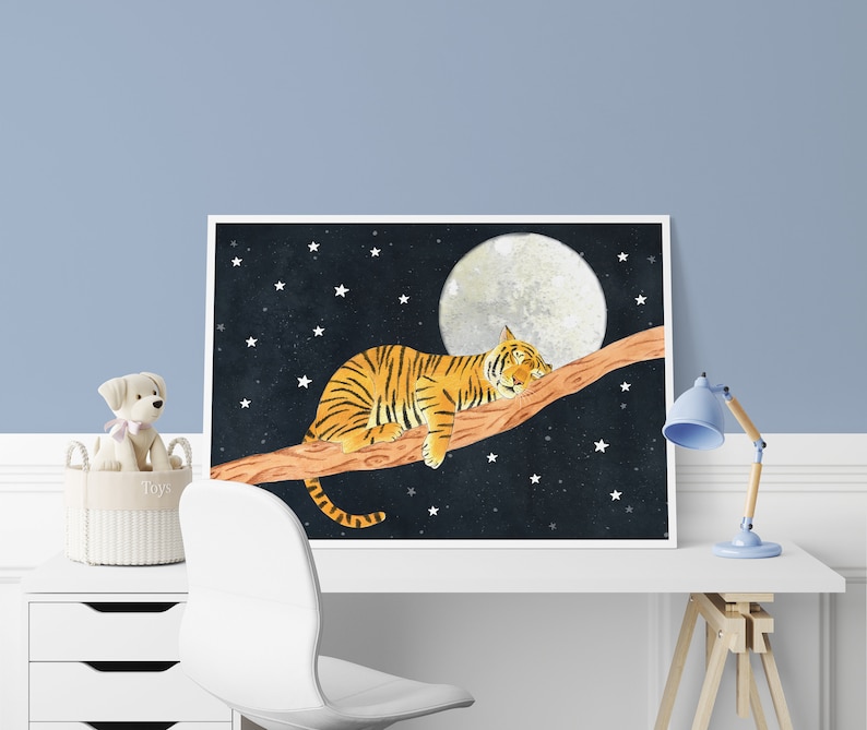 May include: A watercolor illustration of a tiger sleeping on a branch under a full moon with a starry night sky background.