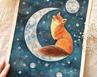 Fox on the moon hand-painted Watercolor original painting, Celestial animal wall art, Woodland nursery baby decor, Night sky illustration