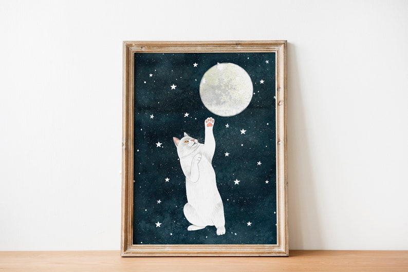 Cat and moon print, White cat painting, Kitten wall art, Animal illustration, Pet portrait, Moon artwork, Celestial wall decor, Kids poster image 1