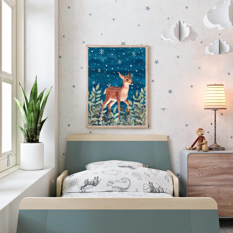 Deer Art Print: Woodland Painting, Winter Poster, Baby Nursery Decor image 2