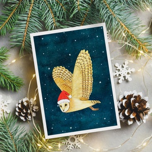 Cartes de Noël hibou, lot de 10 cartes de vœux, carte ciel étoilé, oeuvre d'art de hibou, impressions d'art de hibou, impression d'effraie des cloches, cartes de voeux de hiboux, paquet de 10 cartes
