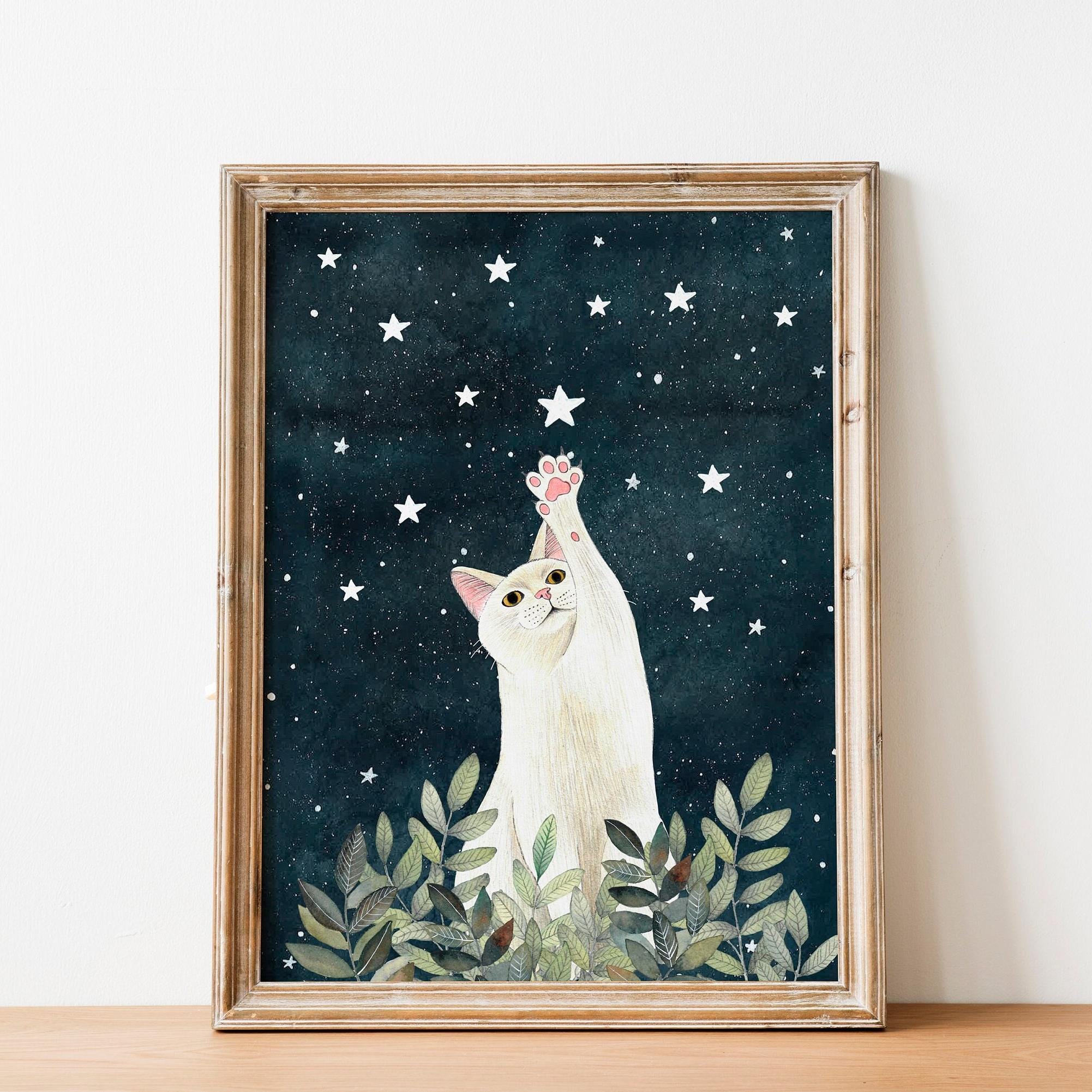 Póster de gato blanco, arte mural celestial, regalo conmemorativo para mascotas, impresión de cielo nocturno, dibujo de animales, pintura de gatitos, arte para mascotas, decoración de habitación de bebé