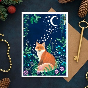 Christmas Cards Pack of 10, Set greeting card, Hare cards, Night sky painting, Fox illustration, Holiday card, Moon and stars artwork image 6