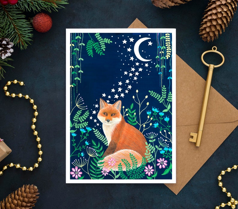 Christmas Cards Pack of 10, Set greeting card, Hare cards, Night sky painting, Fox illustration, Holiday card, Moon and stars artwork image 6