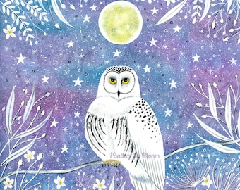 White Owl painting, Magical Artwork, Forest Animals wall art, Bird Illustration