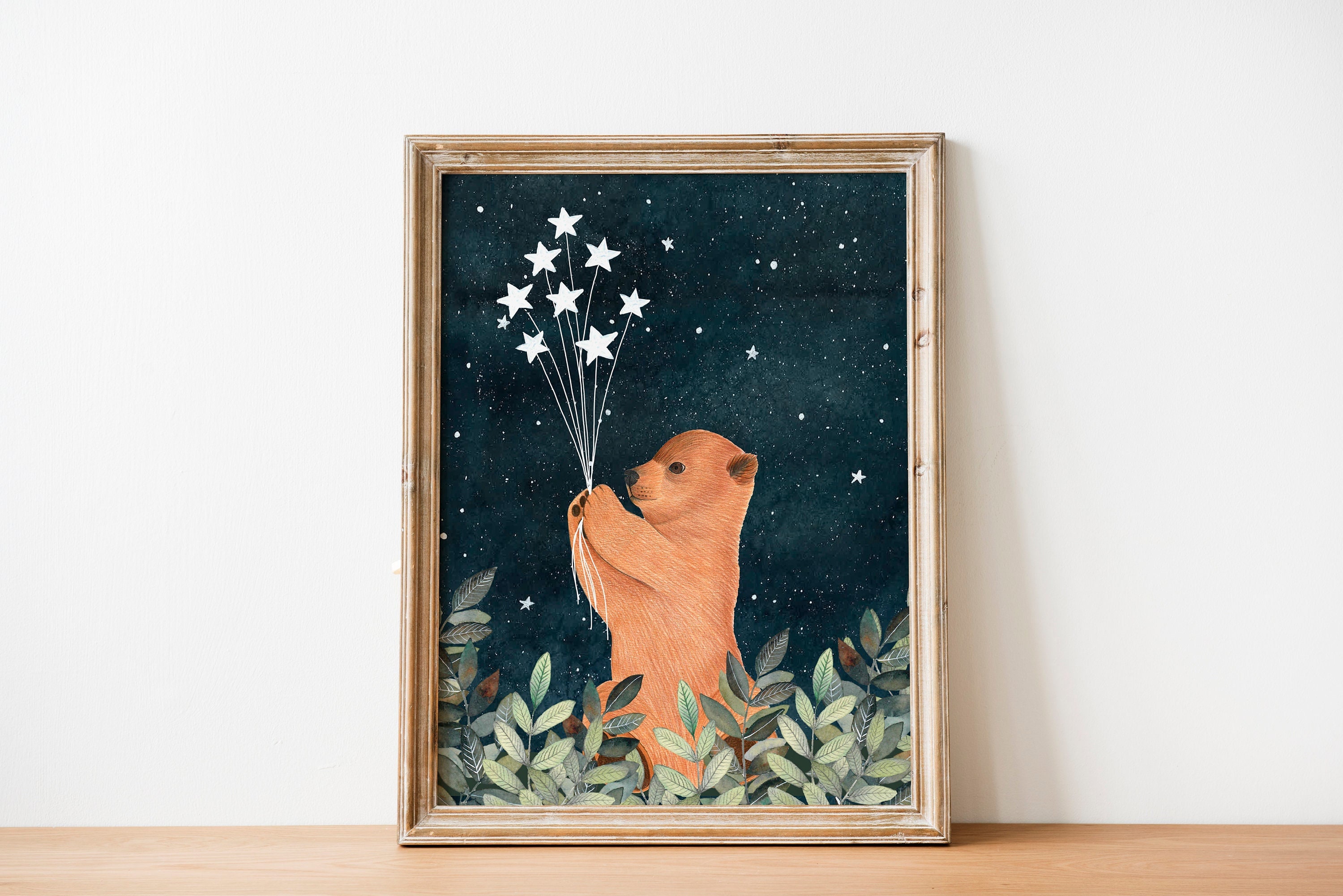 Night bear art print, Forest animal wall art, Woodland animals, Starry sky painting, Stars artwork, Nursery prints, Baby decor, Bears poster