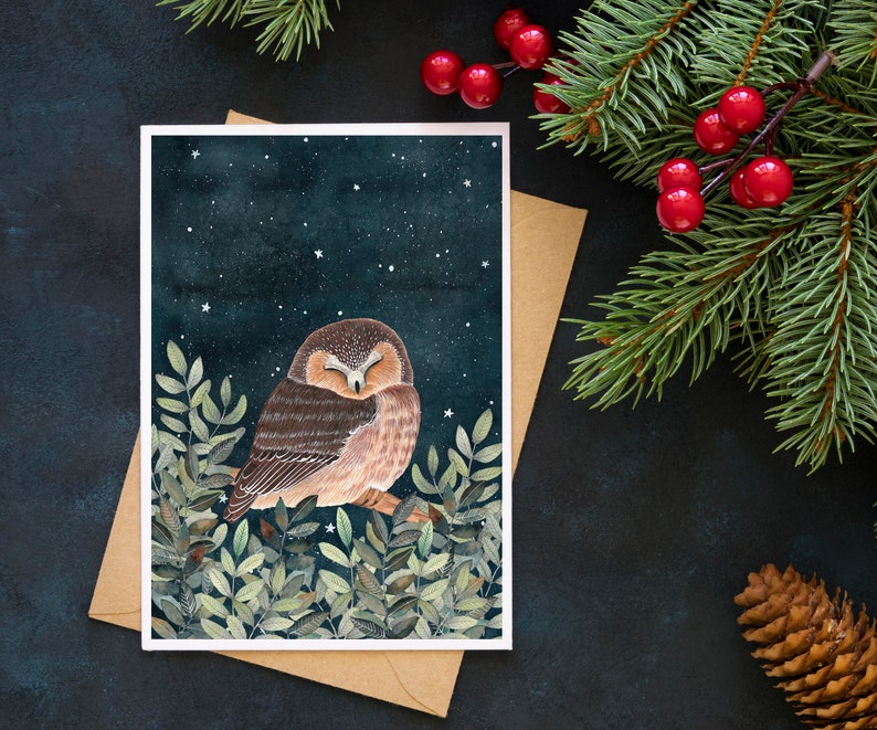 Christmas cards pack, 12 Greeting cards forest animals, starry sky painting, night animal artwork, Holiday card set, Illustrated cards image 2
