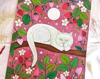 White Cat Original Art, Watercolor and gouache painting, Pet Artwork, Cat Lover Gift