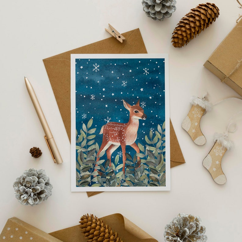 Christmas Card Pack, Set 12 holiday cards, Forest animals greeting cards, Winter illustration, Woodland art print, Fox artwork, Owl painting image 7