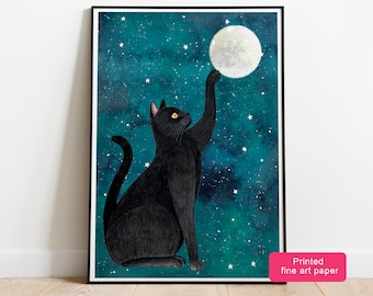 Celestial cat wall art, Black cat painting home decor, Cat and moon wall art, Night cat artwork, Black cat poster, Mystic cat art print