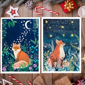 Christmas Cards Pack of 10, Set greeting card, Hare cards, Night sky painting, Fox illustration, Holiday card, Moon and stars artwork image 8