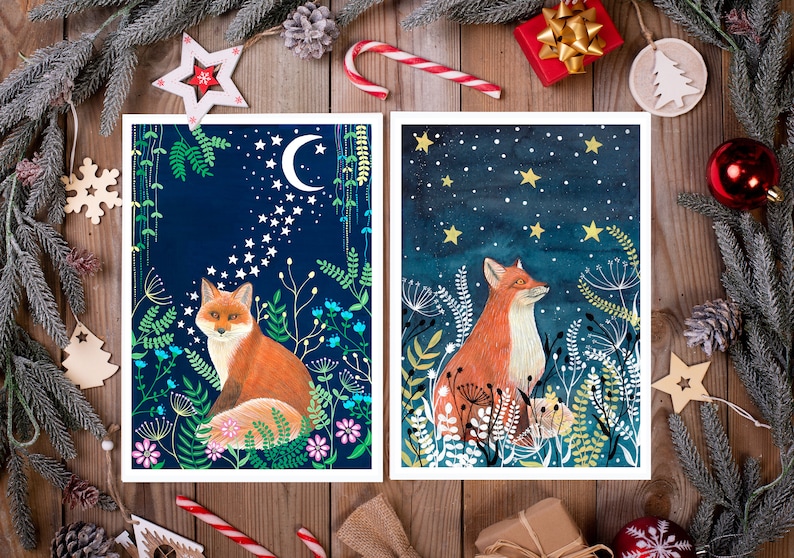 Christmas Cards Pack of 10, Set greeting card, Hare cards, Night sky painting, Fox illustration, Holiday card, Moon and stars artwork image 8