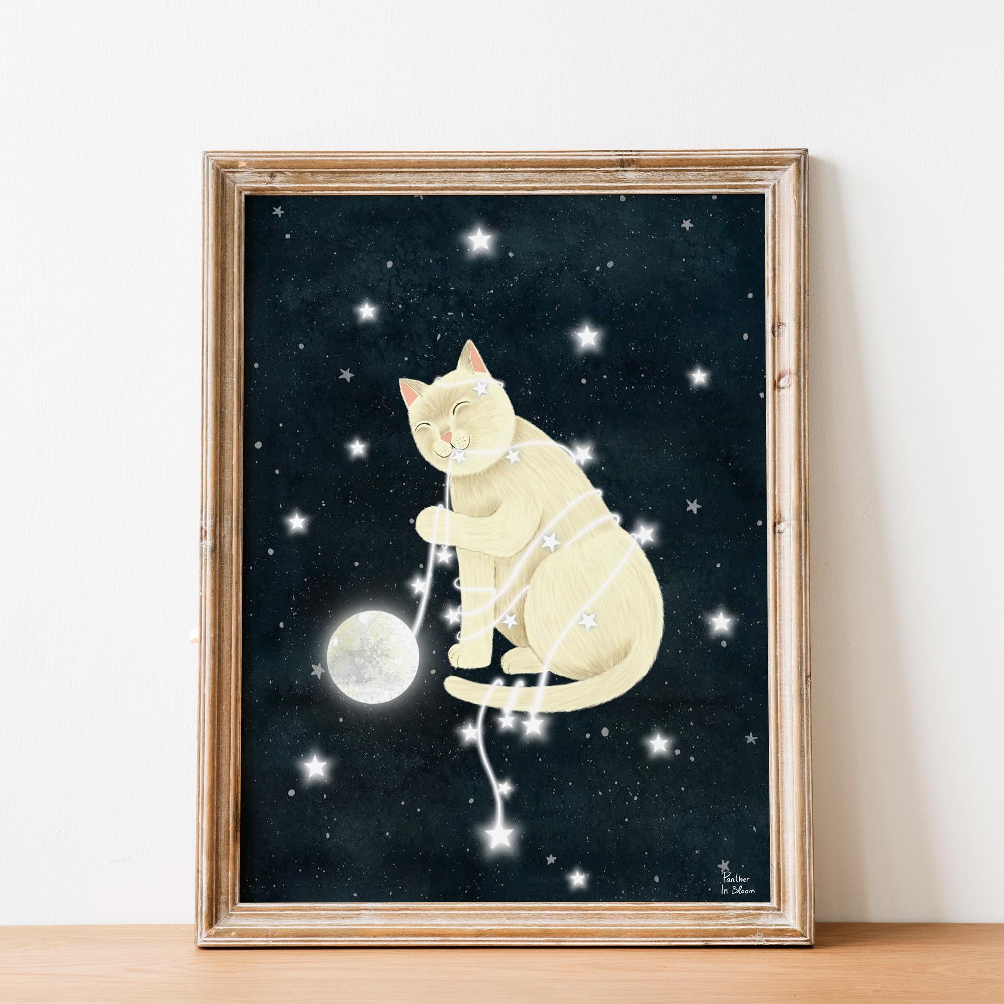 White Cat With Stars Art Print: Kitten Painting, Celestial Wall