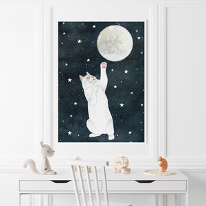 Cat and moon print, White cat painting, Kitten wall art, Animal illustration, Pet portrait, Moon artwork, Celestial wall decor, Kids poster image 6