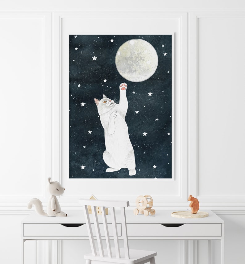 Cat and moon print, White cat painting, Kitten wall art, Animal illustration, Pet portrait, Moon artwork, Celestial wall decor, Kids poster image 6