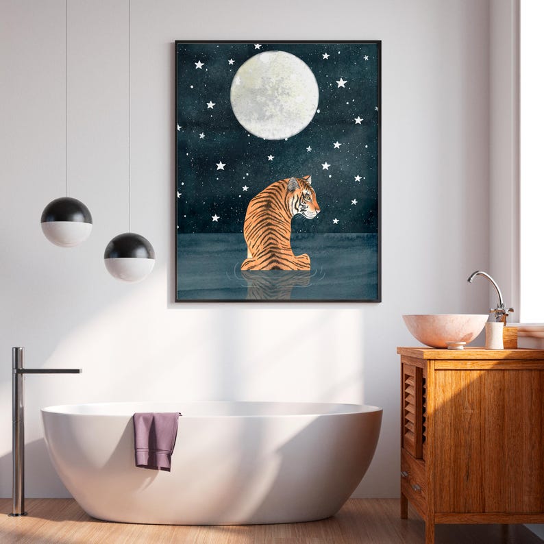 Tijgerkunstdruk: schilderij hemelse jungle, maan kinderkamerdecoratie afbeelding 5