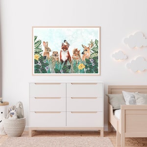 May include: A watercolor illustration of a fox, rabbit, squirrel, deer, and a bird in a forest setting. The animals are surrounded by green leaves and yellow flowers.