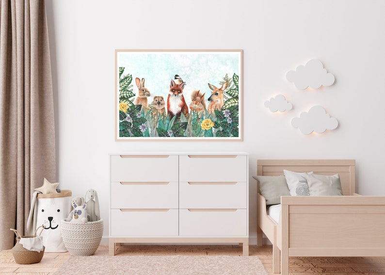 May include: A watercolor illustration of a fox, rabbit, squirrel, deer, and a bird in a forest setting. The animals are surrounded by green leaves and yellow flowers.