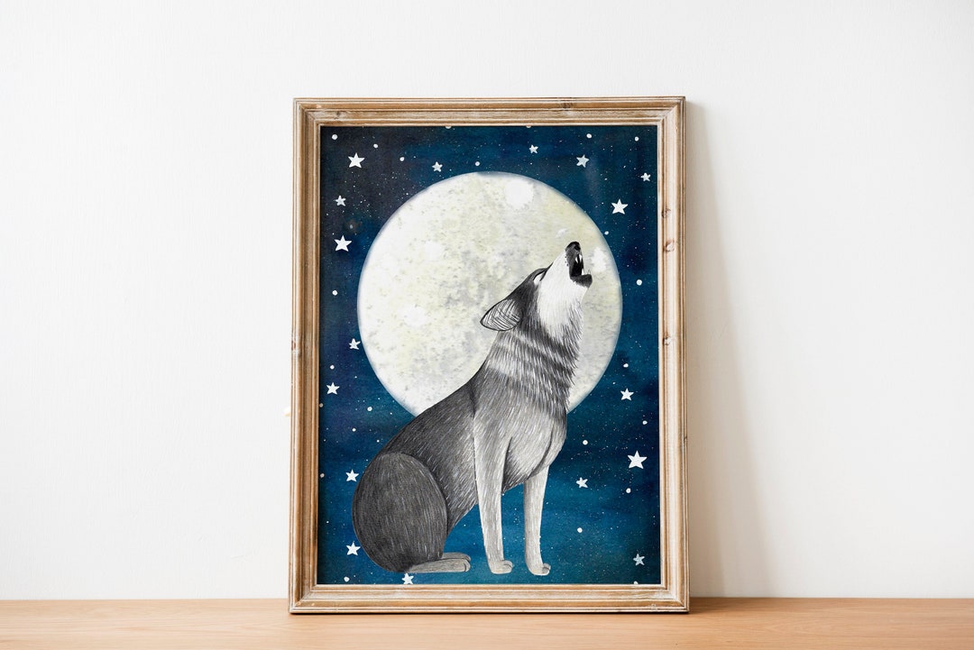 Wolf Painting, Night Wolf Art Print, Forest Wall Art, Animal