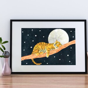May include: A watercolor painting of an orange and black tiger sleeping on a branch under a full moon with a starry night sky background.