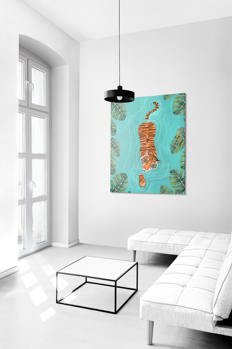 Tiger art print, Jungle illustration, Animal wall art, Safari animals, Tigers poster, Tropical wall decor, Jungle painting, Tiger swimming image 4