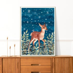 Deer Art Print: Woodland Painting, Winter Poster, Baby Nursery Decor image 6
