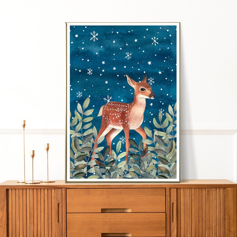 Deer Art Print: Woodland Painting, Winter Poster, Baby Nursery Decor image 6