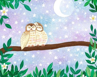 Owl Paintings, Pair of Woodland Owls, Forest wall art, Whimsical Artwork, Home Decor