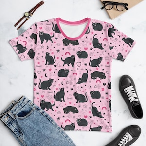 子猫Tシャツ、猫Tシャツ、面白い猫シャツ、ピンクのTシャツ、女性用シャツ、猫好きへのギフト、黒猫プリント、猫ママへのギフト、かわいい猫シャツ
