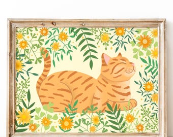 Lámina artística de gato atigrado naranja: gatito sonriente entre flores