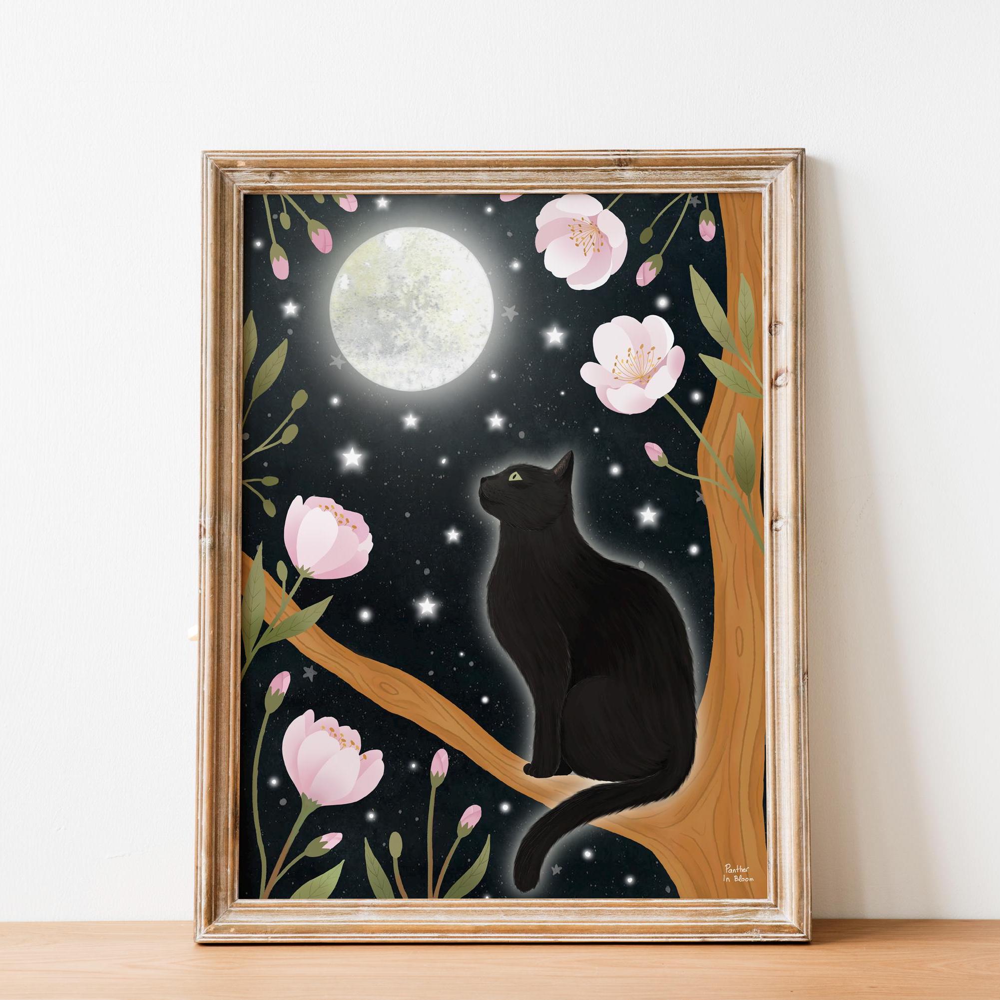 黒猫と月のアートプリント：子猫のイラスト、猫好きへのギフト、ペット