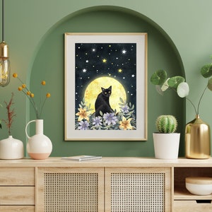 Black cat wall art, Mystic art print, Kitten illustration, Cat themed gifts, Magic painting, Pet portrait, Moon artwork, Fantasy prints image 4