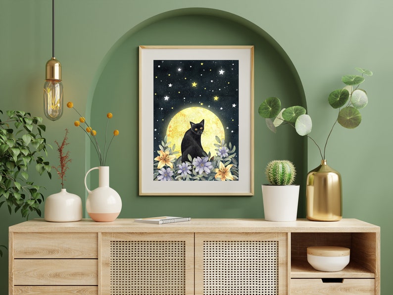 Black cat wall art, Mystic art print, Kitten illustration, Cat themed gifts, Magic painting, Pet portrait, Moon artwork, Fantasy prints image 4