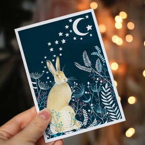 Christmas Cards Pack of 10, Set greeting card, Hare cards, Night sky painting, Fox illustration, Holiday card, Moon and stars artwork image 5