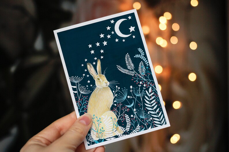 Christmas Cards Pack of 10, Set greeting card, Hare cards, Night sky painting, Fox illustration, Holiday card, Moon and stars artwork image 5