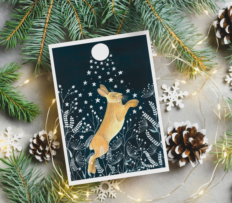 Christmas Cards Pack of 10, Set greeting card, Hare cards, Night sky painting, Fox illustration, Holiday card, Moon and stars artwork image 1