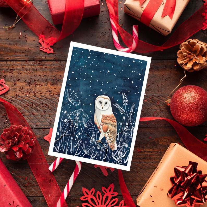 Christmas Card Pack, Set 12 holiday cards, Forest animals greeting cards, Winter illustration, Woodland art print, Fox artwork, Owl painting image 1