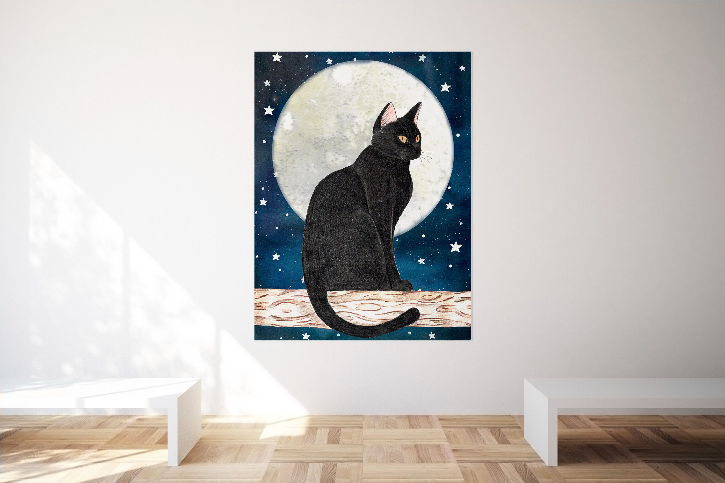 黒猫ポスター：子猫の壁アート、星空プリント、月のアートワーク
