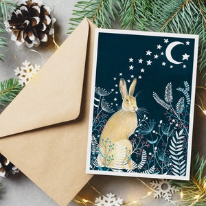Christmas Cards Pack of 10, Set greeting card, Hare cards, Night sky painting, Fox illustration, Holiday card, Moon and stars artwork image 2
