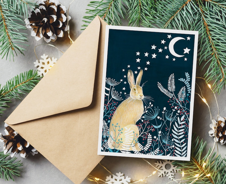 Christmas Cards Pack of 10, Set greeting card, Hare cards, Night sky painting, Fox illustration, Holiday card, Moon and stars artwork image 2