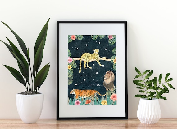 Jungle Animals Art Print: Tiger painting, Lion Artwork, Leopard Poster